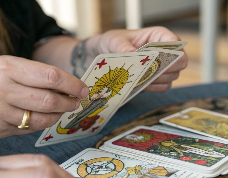 Hands flipping tarot reading cards in a relaxed setting