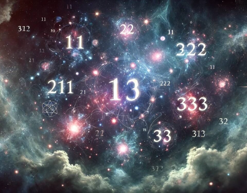 Glowing numbers 111, 222, 333 in a starry sky symbolizing angel numbers.