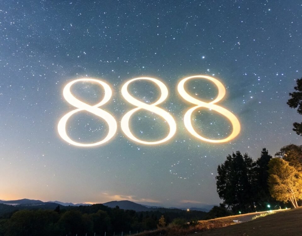 888 angel number appearing in the starry night sky, symbolizing divine guidance, abundance, and universal alignment.